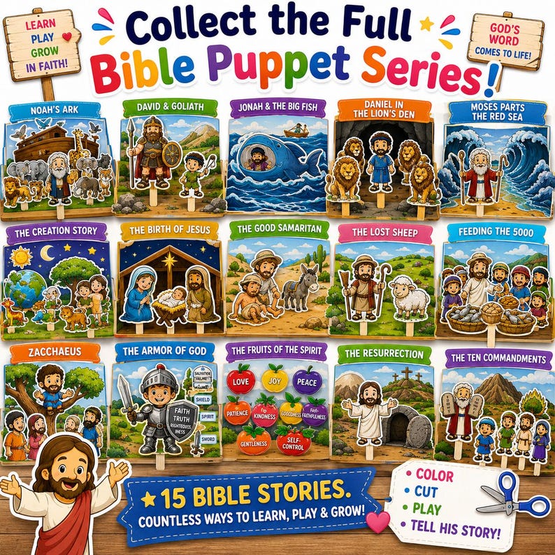 Pu&ograve; includere: Un set di 15 burattini di storie bibliche, con scene come l'Arca di No&egrave; e i Dieci Comandamenti. I burattini colorati sono progettati per l'apprendimento e il gioco. Promuove la fede e la narrazione.