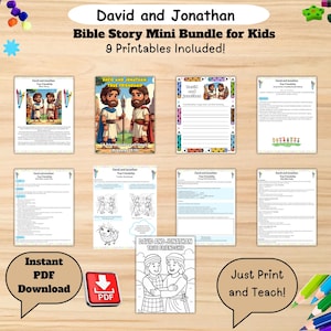 May include: A collection of nine printable pages for kids, featuring the story of David and Jonathan. The bundle includes coloring pages, worksheets, and story pages. Text includes "David and Jonathan Bible Story Mini Bundle for Kids" and "Instant PDF Download."