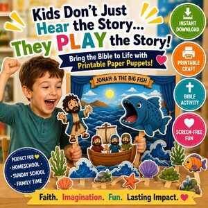 Pu&ograve; includere: Un bambino tiene in mano dei burattini di carta di un set di storie bibliche. Il set include Giona e il Grande Pesce, una barca con personaggi e vari oggetti di scena a tema marino. Il testo recita "Kids Don't Just Hear the Story... They PLAY the Story!" e "Printable Paper Puppets!"