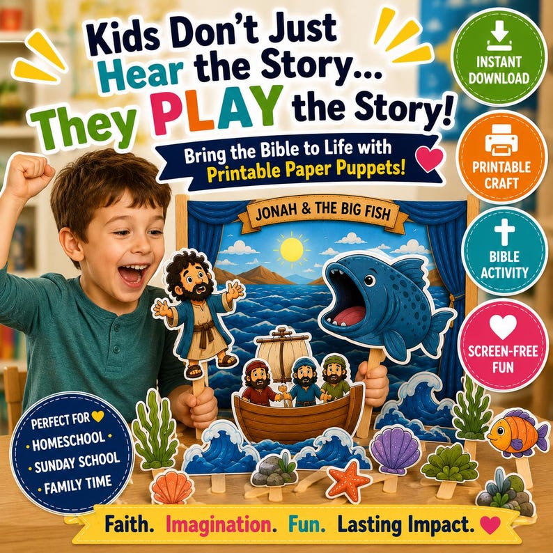 Pu&ograve; includere: Un bambino tiene in mano dei burattini di carta di un set di storie bibliche. Il set include Giona e il Grande Pesce, una barca con personaggi e vari oggetti di scena a tema marino. Il testo recita "Kids Don't Just Hear the Story... They PLAY the Story!" e "Printable Paper Puppets!"