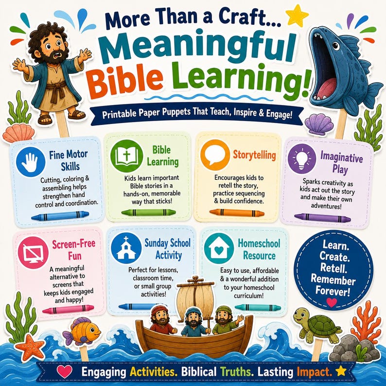 Pu&ograve; includere: Grafica educativa colorata con il testo "Meaningful Bible Learning!" con illustrazioni di personaggi biblici, un pesce e una barca. L'immagine promuove le capacit&agrave; motorie, la narrazione e il gioco fantasioso attraverso marionette di carta.