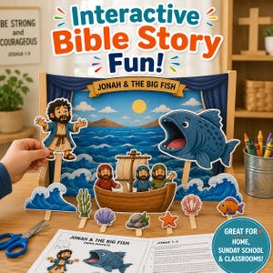 Pu&ograve; includere: Un set interattivo di storie bibliche con la storia di Giona e il Grande Pesce. Il set include marionette di carta, uno sfondo e vari oggetti di scena a tema marino. Il testo sull'immagine recita "Interactive Bible Story Fun!" e "Jonah & The Big Fish".