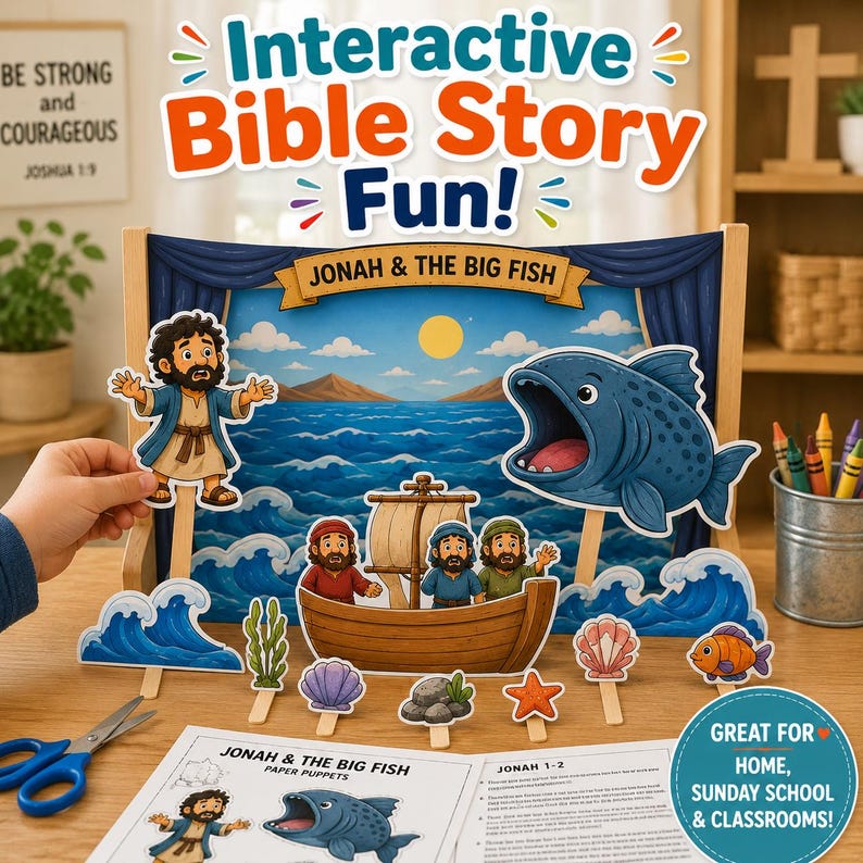 Pu&ograve; includere: Un set interattivo di storie bibliche con la storia di Giona e il Grande Pesce. Il set include marionette di carta, uno sfondo e vari oggetti di scena a tema marino. Il testo sull'immagine recita "Interactive Bible Story Fun!" e "Jonah & The Big Fish".