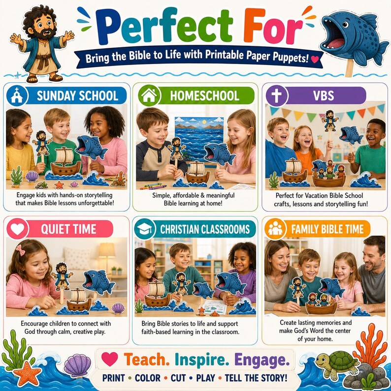 Pu&ograve; includere: Una grafica colorata che promuove marionette di carta stampabili per la narrazione biblica. L'immagine mostra bambini che interagiscono con marionette di carta di personaggi biblici, barche e pesci. Il testo include "Scuola domenicale", "Scuola a casa" e "VBS".
