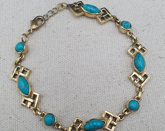 Vintage messing en turkoois armband 8 in | Boho chic verstelbare manchetsieraden