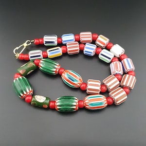 Vintage Venetian Style Multicolor Chevron Glass Beads Necklace 20in | 7.4–24mm