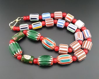 Vintage Venetian Style Multicolor Chevron Glass Beads Necklace 20in | 7.4–24mm