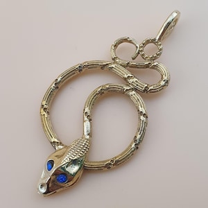 Vintage Brass Snake Pendant Necklace Serpent Jewelry with Blue Eyes, Gothic Pagan Wiccan Amulet