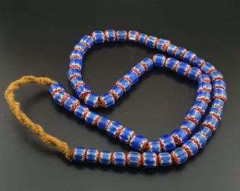 Vintage Venetian Style Blue Chevron Glass Beads Strand 26in | 9mm