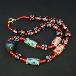 Vintage Mosaic & Skunk Style Glass Beads with Whiteheart Necklace 20in | 4.9–22.7mm