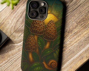Etui na iPhone'a z grzybem morelowym - witrażowy ślimak natura sztuka dla Cottagecore, prezent mykologiczny, ochronne etui na telefon dla iPhone 13, 14, 15, 16