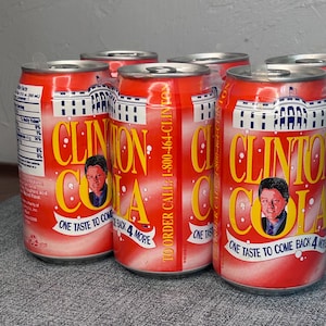 BILL CLINTON COLA, 6 opakowań po 12 uncji, nieotwarte puszki, jedna pusta.