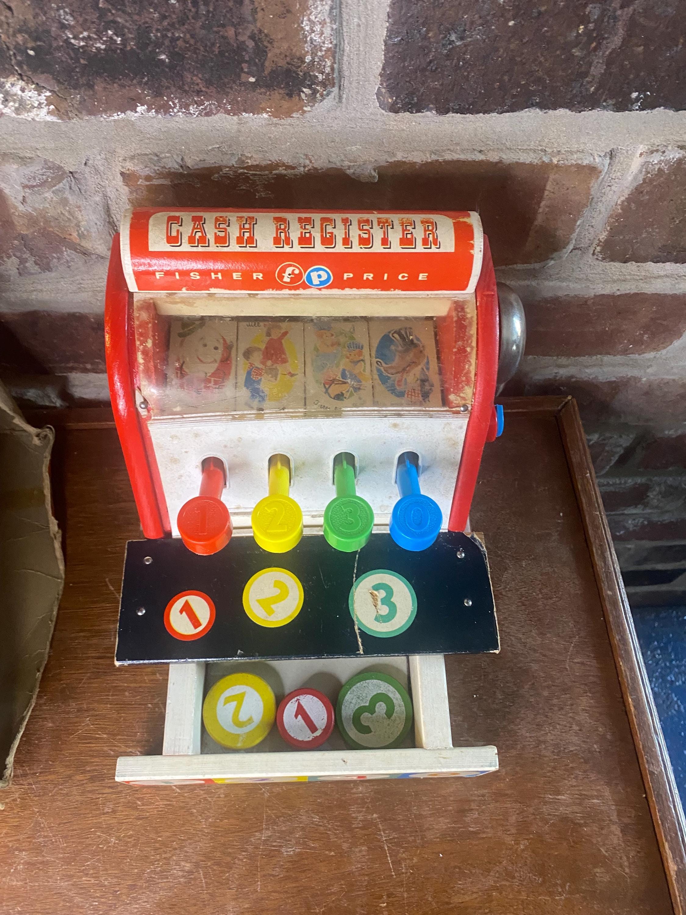 Vintage 1963 Fisher-Price Wooden Toy Cash Register with coins