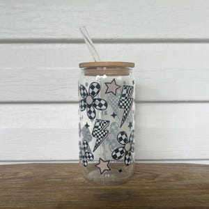 Retro checkered flower Glass cup with bamboo lid and glass straw