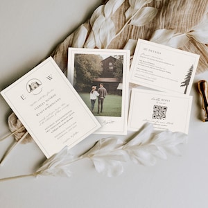May include: A collection of wedding stationery, including an invitation, details card, and reply card. The invitation features a stylized barn graphic and text. A photograph of a couple walking is included. The color palette is neutral with a touch of green.