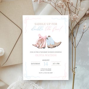 Invitación editable para baby shower de gemelos, invitación para niño y niña, plantilla digital para baby shower con temática campestre, tarjeta vaquera del oeste, tarjeta de vaquero para bebés gemelos