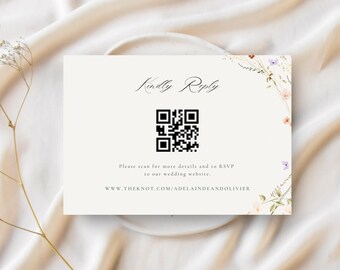 Plantilla de tarjeta de respuesta de boda editable en Canva con flores silvestres, código QR de RSVP imprimible, inserto de respuesta moderno, invitación floral de primavera para boda