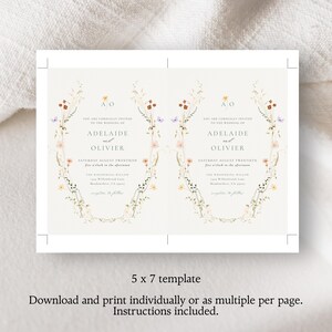 May include: Two wedding invitation templates with floral wreath designs. The invitations are cream-coloured with text that reads "Adelaide and Olivier" and event details. The template size is 12.7 x 17.8 cm.