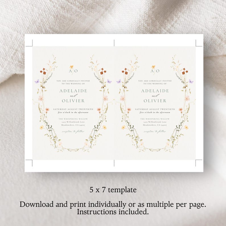 May include: Two wedding invitation templates with floral wreath designs. The invitations are cream-coloured with text that reads "Adelaide and Olivier" and event details. The template size is 12.7 x 17.8 cm.