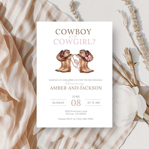 Faire-part de révélation de genre cow-boy Invitation de baby shower western cow-girl Modèle de révélation de genre modifiable Invitation de rodéo western imprimable
