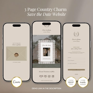 Könnte beinhalten: Drei Smartphone-Bildschirme zeigen eine 3-seitige Country Charm Save the Date Website-Vorlage. Die Bildschirme zeigen eine beige Benutzeroberfläche mit eleganter Typografie, einen digitalen Umschlag mit Wachssiegel, einen Fotorahmen und einen Countdown-Timer.