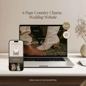 以下が含まれることがあります： ノートパソコンとスマートフォンに表示された6ページの結婚式ウェブサイトテンプレート。画面にはカウボーイブーツを履いたカップルと「The Wedding of Erica & James」というテキストが表示されています。カウントダウンタイマー、RSVPフォーム、Canvaのブランドアイコンが含まれています。