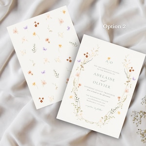 May include: Two wedding invitation cards. One card has a floral pattern of small flowers in pink, yellow, and purple on a white background. The other card has text and a floral border. The text reads "Adelaide and Olivier" and "Option 2".