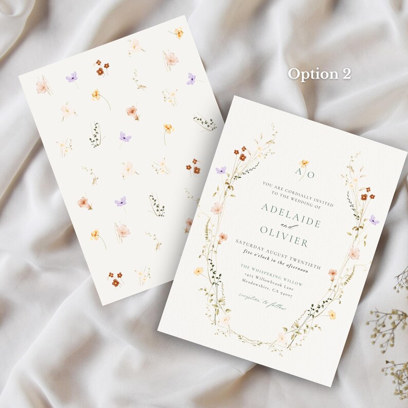May include: Two wedding invitation cards. One card has a floral pattern of small flowers in pink, yellow, and purple on a white background. The other card has text and a floral border. The text reads "Adelaide and Olivier" and "Option 2".