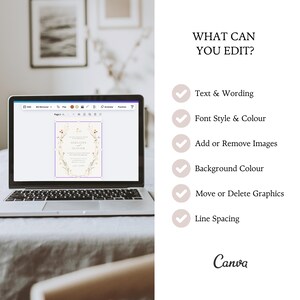 May include: A laptop screen showing a wedding invitation design with floral details. The image highlights editable features: text, font style, images, background colour, graphics, and line spacing. The Canva logo is present.