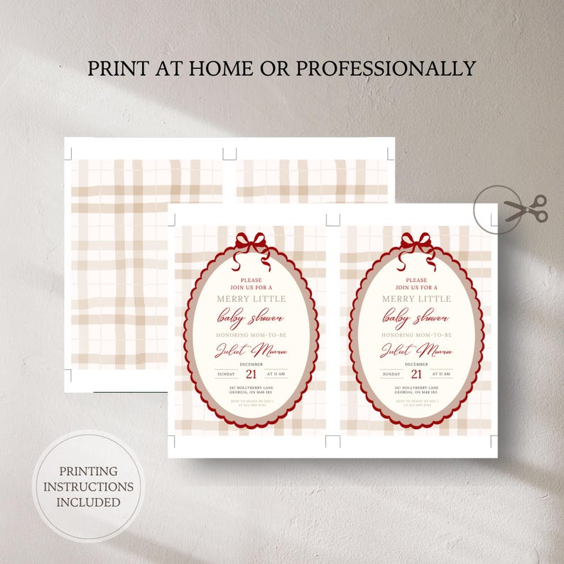 May include: Baby shower invitations with a plaid background and a red and cream oval frame. The text reads "Please join us for a Merry Little baby shower" with the honoree's name and event details. Includes printing instructions.