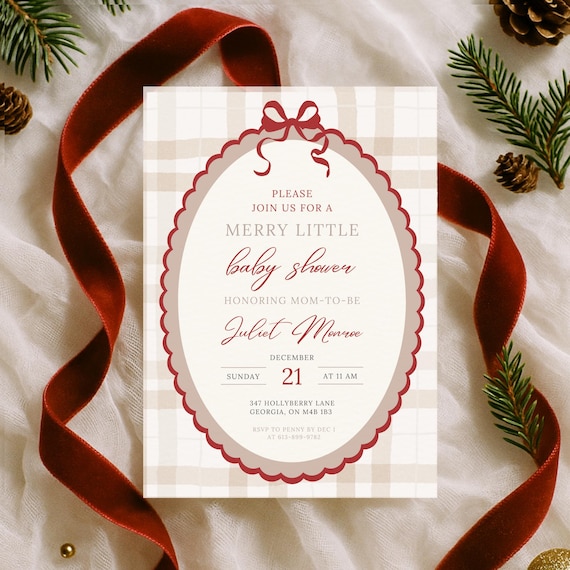A Merry Little Baby Shower Invitation, Editable Red Bow Christmas Card, Holiday Baby Shower Invite, New Baby Christmas Editable Template