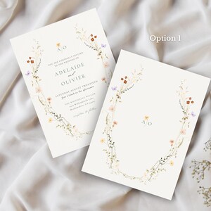 May include: Two cream wedding invitations with floral and butterfly details. The invitations display the names "Adelaide and Olivier" and event information. The text "Option 1" is visible.