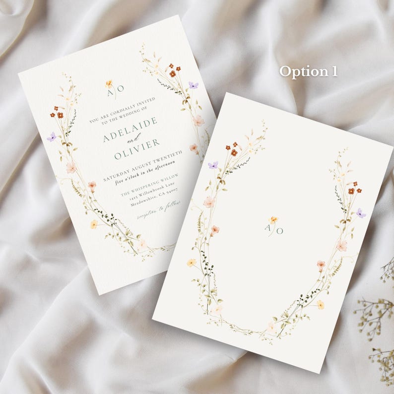May include: Two cream wedding invitations with floral and butterfly details. The invitations display the names "Adelaide and Olivier" and event information. The text "Option 1" is visible.