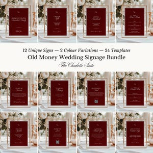 Burgundy Old Money Wedding Sign Bundle Vintage Wedding Bar Menu Template Reception Signage Bundle Luxury Wedding Table Sign Set Elegant