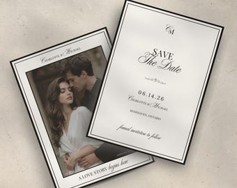 Old Money Save the Date Template Black and White Vintage Wedding Save the Date Canva Editable Printable Card Luxury Save the Date