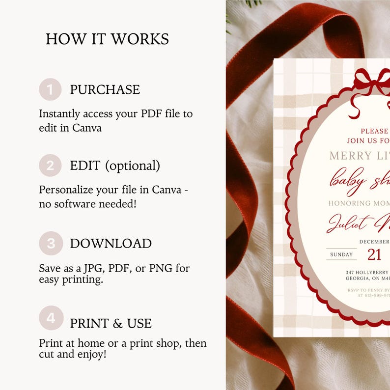 May include: A baby shower invitation with a red scalloped border and bow, featuring the text "Merry Little Baby Shower." The invitation is on a cream background with a plaid pattern. Instructions on how to purchase, edit, download, and print are also included.