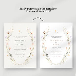 May include: Two wedding invitation templates with floral and butterfly designs. The invitations display the names "Adelaide and Olivier" and "Samantha and Ryan." The text "Easily personalise the template to make it your own!" is at the top.