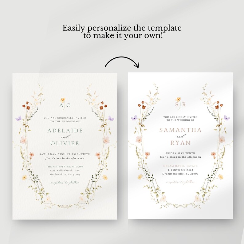 May include: Two wedding invitation templates with floral and butterfly designs. The invitations display the names "Adelaide and Olivier" and "Samantha and Ryan." The text "Easily personalise the template to make it your own!" is at the top.