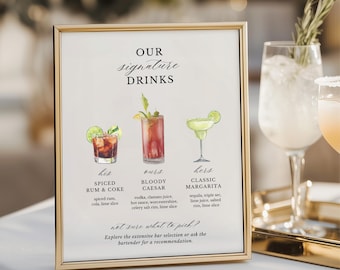 Plantilla editable de menú de bar de bodas, letrero de bebidas de autor, menú de cócteles de acuarela imprimible, letrero de bebida de boda para él y para ella, novios
