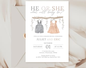 Gender Reveal Invitation Boho Digital Invite Neutral Gender Reveal Brown Editable He or She Template Invitation Baby Shower Boy or Girl