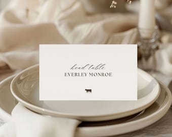 Plantilla minimalista para tarjetas de mesa de boda, tarjetas de nombres de boda editables con icono de opción de menú, elegantes tarjetas de mesa de recepción en blanco y negro.