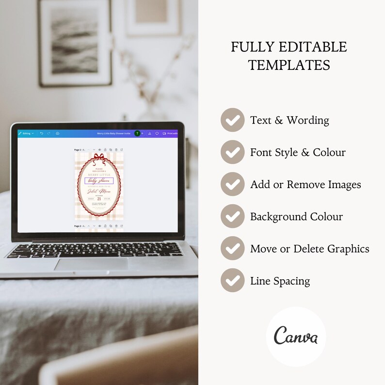 May include: A laptop displaying a baby shower invitation template with a plaid background and a red bow. The screen shows the text "Baby Shower" and "Soliel Mom". The laptop is on a table with the text "FULLY EDITABLE TEMPLATES" and Canva logo.