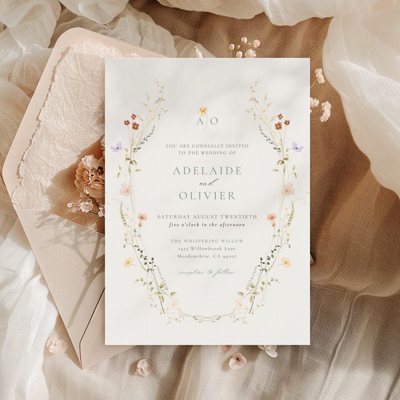 May include: A wedding invitation with floral detailing. The invitation includes the names "Adelaide and Olivier" and event details. The design features a floral border and is presented with a matching envelope.