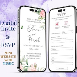 Digitale Hochzeitseinladung & Antwortkarten | Mini Hochzeitswebsite mit Musik | Online Hochzeitskarte für Gäste | Benutzerdefinierte Antwortseite | Rosa Blume, WI005