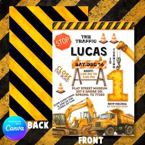 Construction Birthday Invitation, Dump Everything Birthday Invitation, Dump Truck, Crane , Editable Canva, C-B01