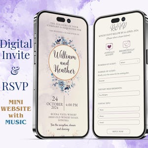 Convite de casamento digital e RSVP - Mini site de casamento - azul com rosas roxas - Convite eletrônico personalizado para celular, WI001