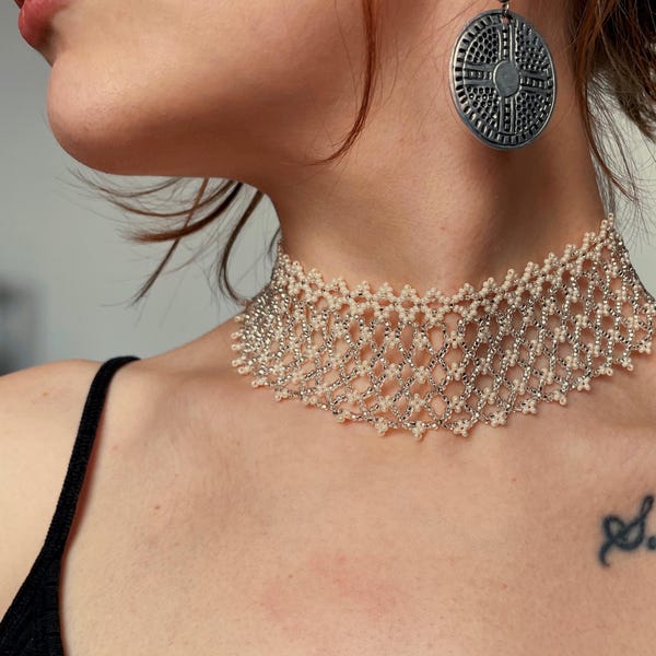 Elegant Beaded Lace Choker Necklace, Delicate Handmade Bridal Jewelry, Victorian Inspired Choker