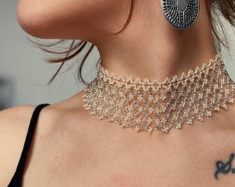 Elegant Beaded Lace Choker Necklace, Delicate Handmade Bridal Jewelry, Victorian Inspired Choker