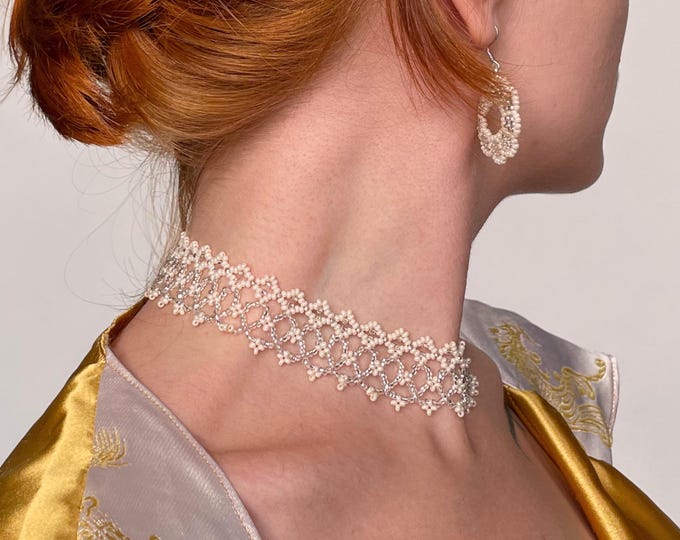 Elegant Beaded Lace Choker Necklace, Delicate Handmade Bridal Jewelry, Victorian Inspired Choker, Slim Version