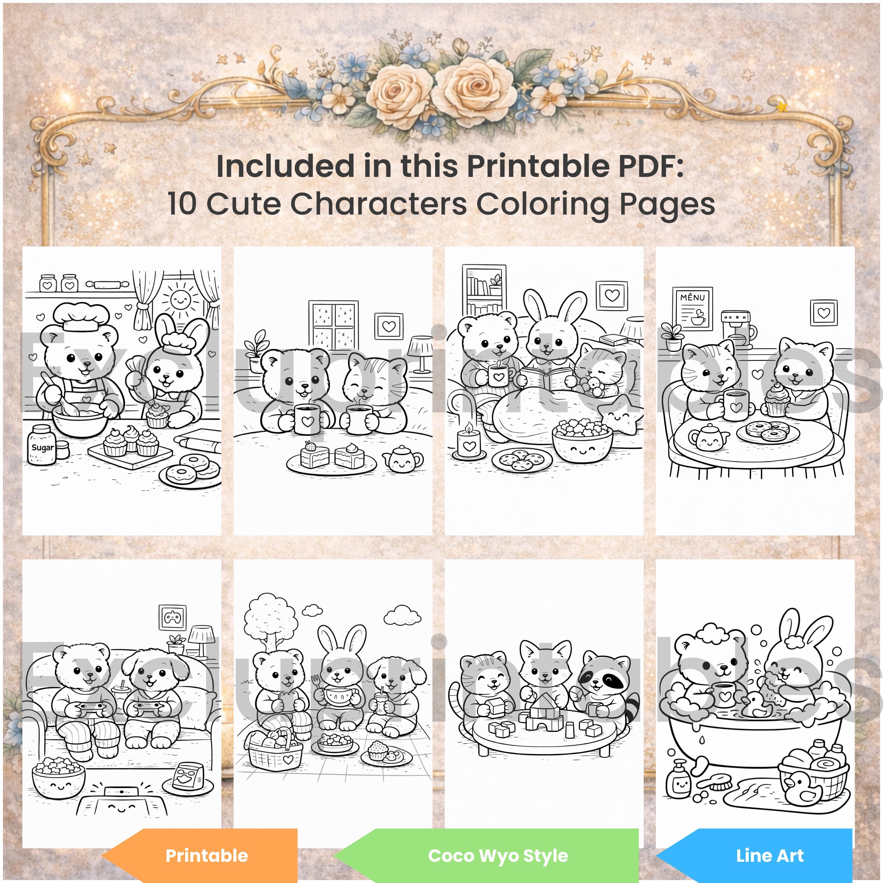 Cute Characters Cozy Coloring Book – Printable PDF (10 Pages), Adorable ...